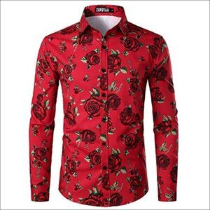Men's Zeroyaa Long Sleeve Button Front Shirt-Floral Rose Print-Size M